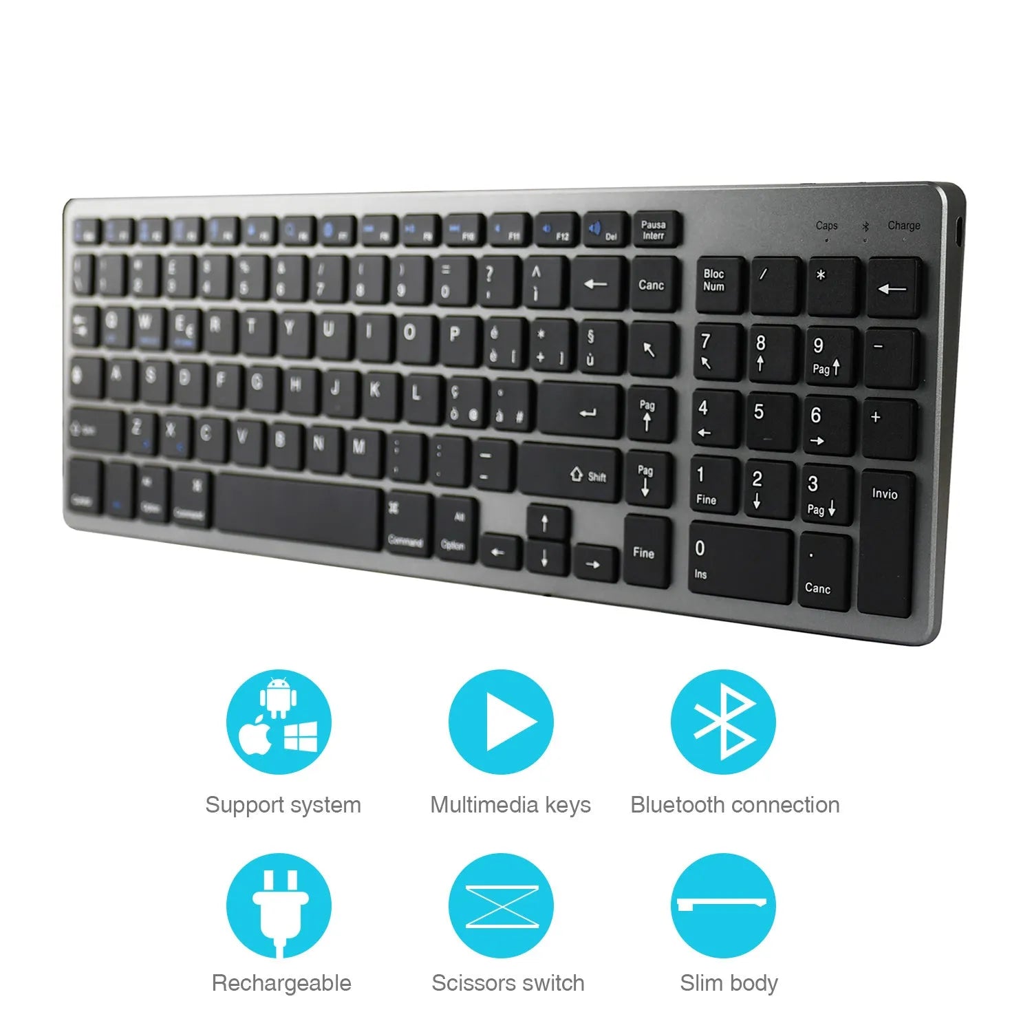 White ultra-thin rechargeable Bluetooth keyboard next to a tablet.
