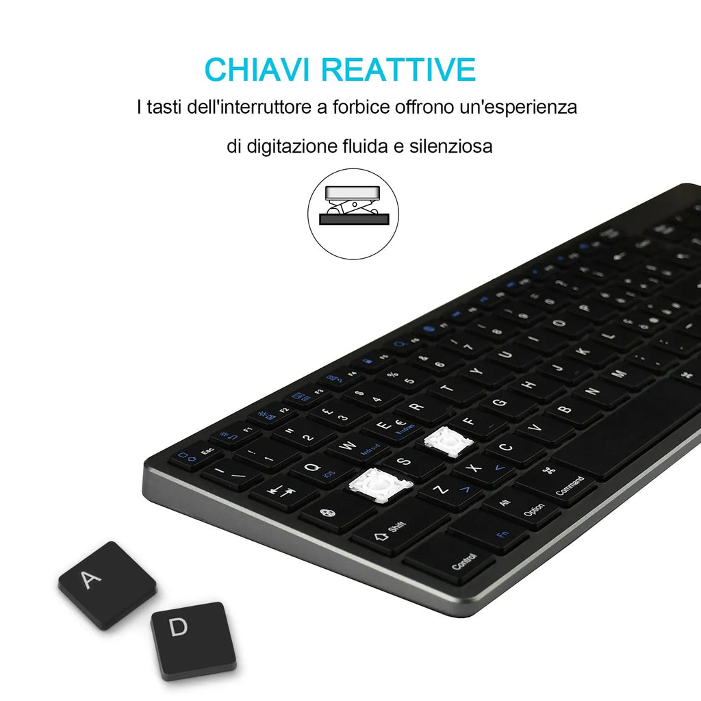 White ultra-thin rechargeable Bluetooth keyboard next to a tablet.