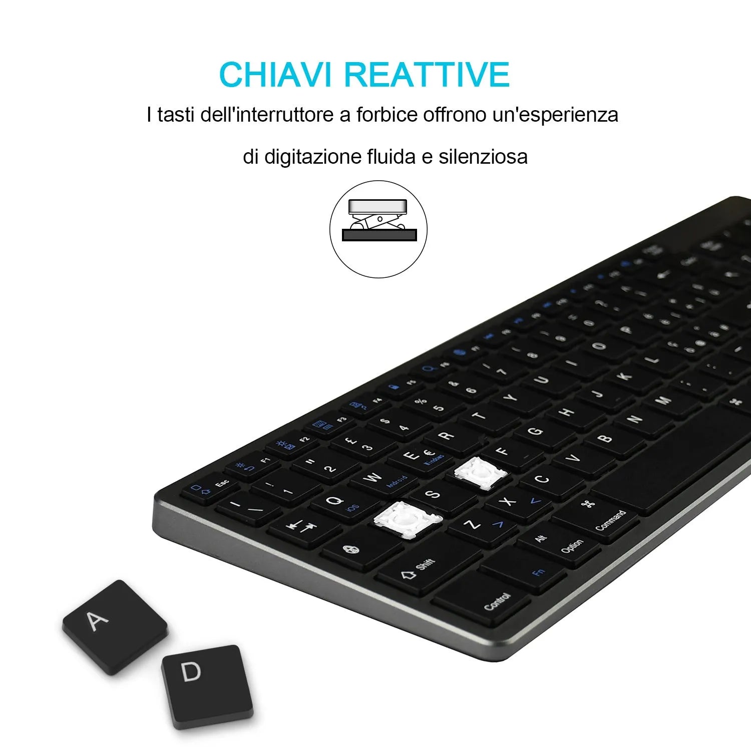 White ultra-thin rechargeable Bluetooth keyboard next to a tablet.