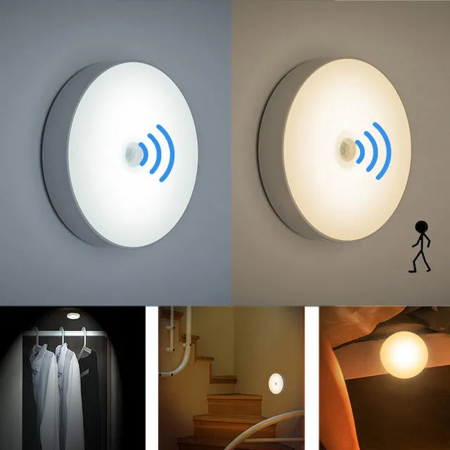 Compact round motion sensor LED night light in beige colour with USB charging cable