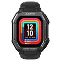 Outdoor sports rugged smart watch with 1.69 inch screen and black silicone wristband displaying fitness metrics