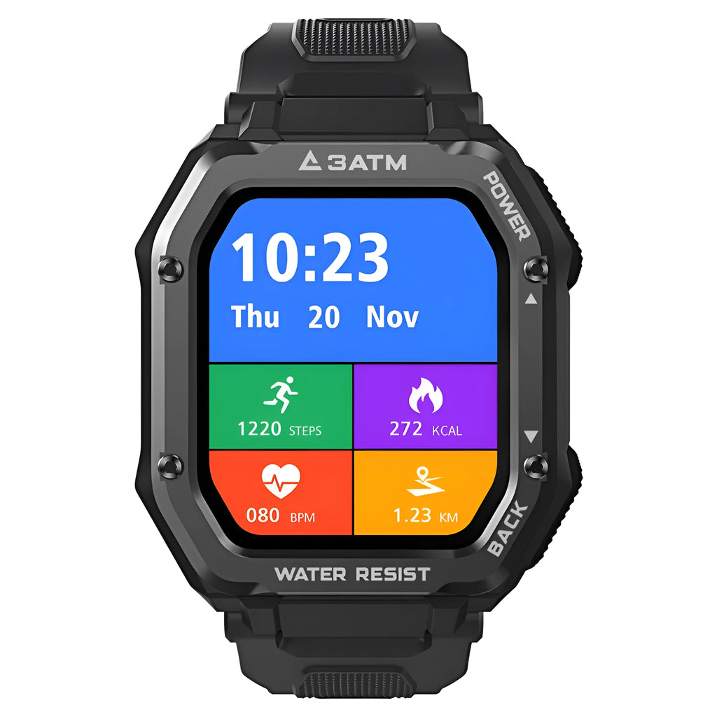 Outdoor sports rugged smart watch with 1.69 inch screen and black silicone wristband displaying fitness metrics