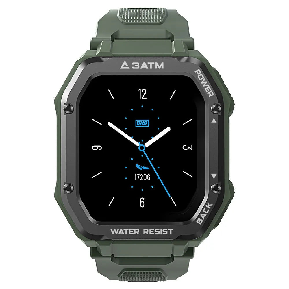 Outdoor sports rugged smart watch with 1.69 inch screen and black silicone wristband displaying fitness metrics