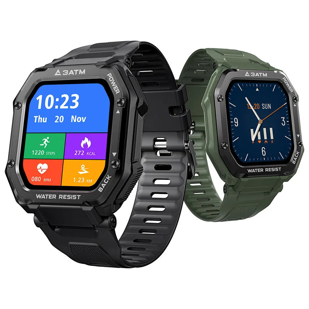 Outdoor sports rugged smart watch with 1.69 inch screen and black silicone wristband displaying fitness metrics