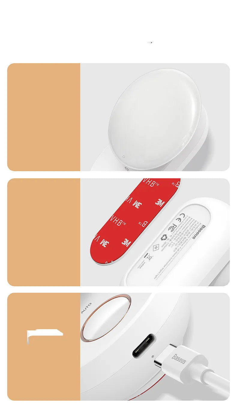 White Baseus rechargeable sensor night light with motion detection on a bedside table.