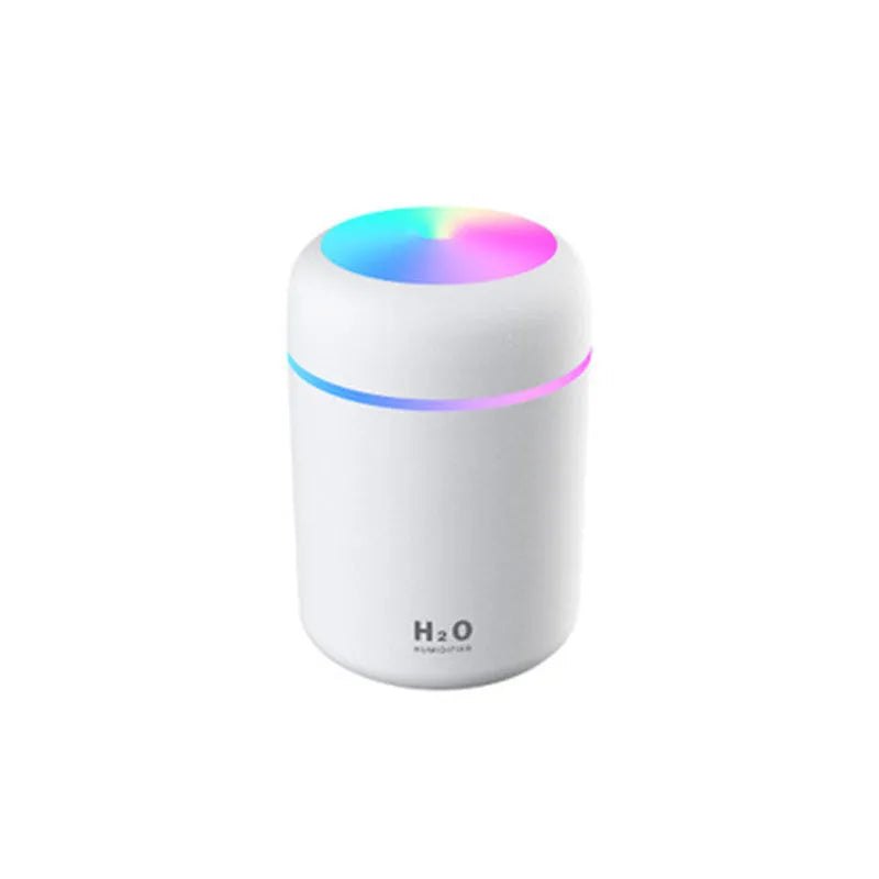Pink car USB humidifier with LED lights showing water tank and control button