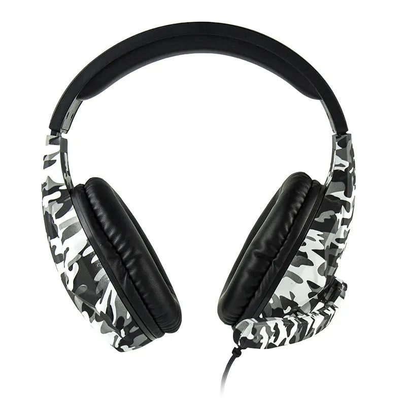 PS4 gaming headset with camouflage pattern and bare metal finish, showing 3.5mm wired connection