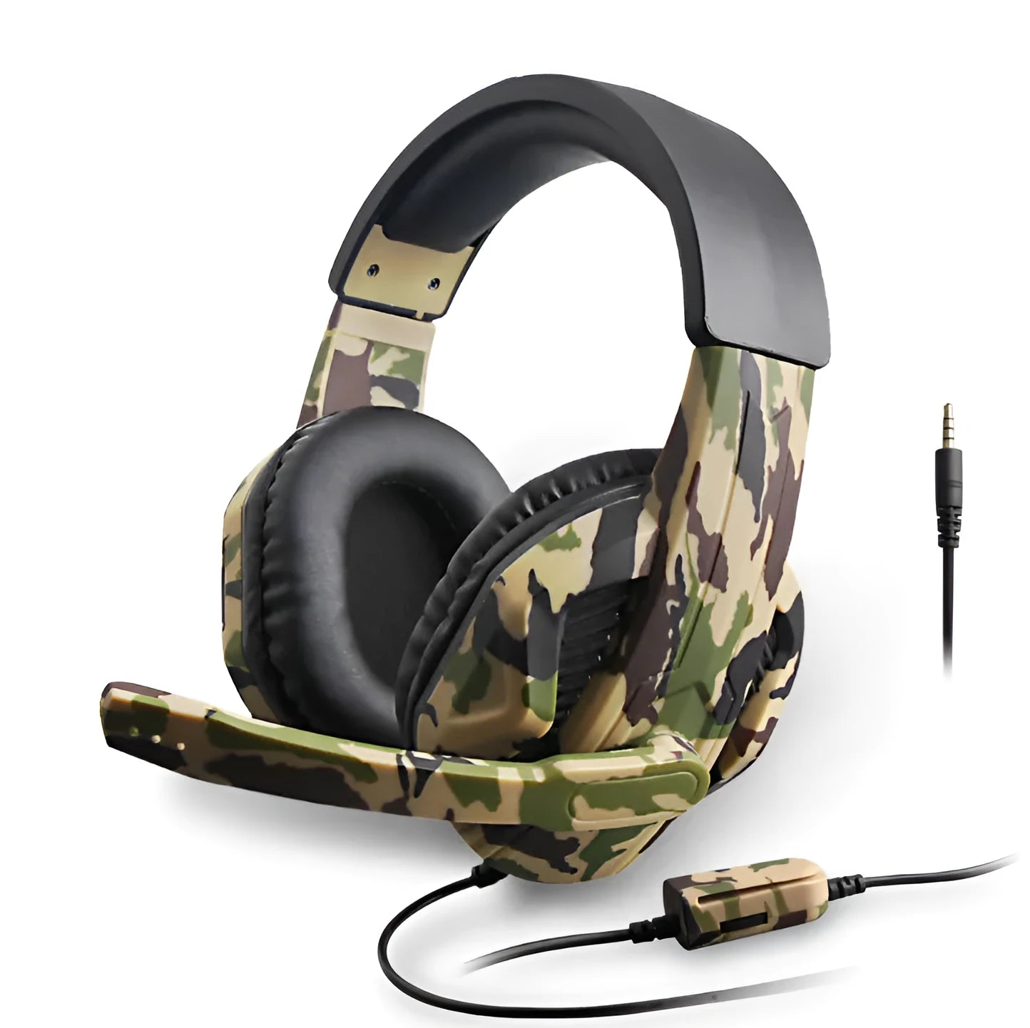 PS4 gaming headset with camouflage pattern and bare metal finish, showing 3.5mm wired connection