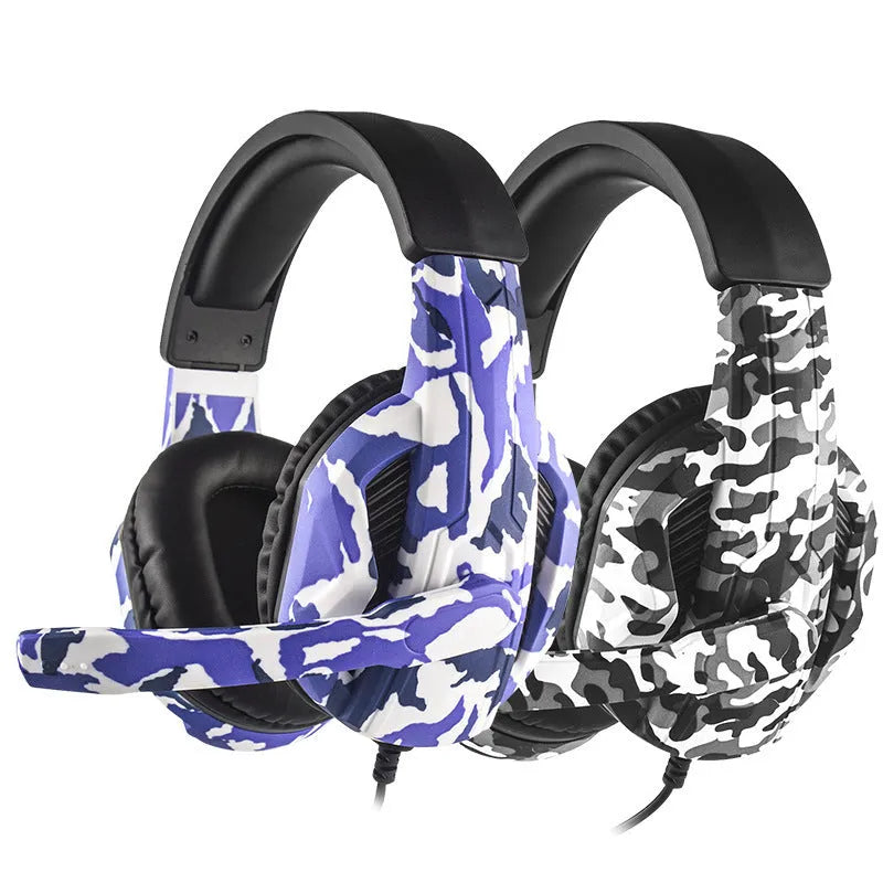 PS4 gaming headset with camouflage pattern and bare metal finish, showing 3.5mm wired connection