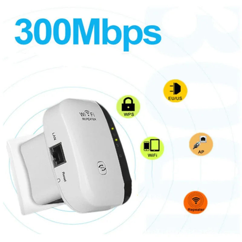 Compact black and white WiFi repeater with multiple international plug options and network cable