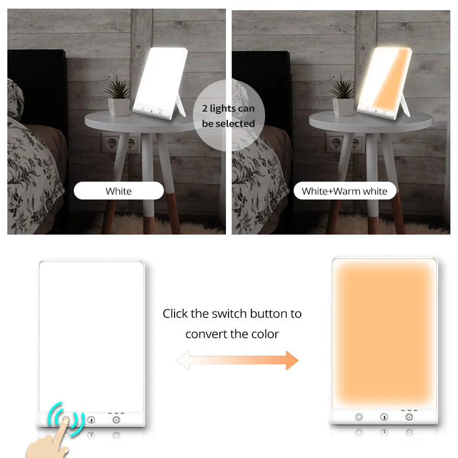 White bionic solar emotional light therapy lamp with touch controls and USB connectivity