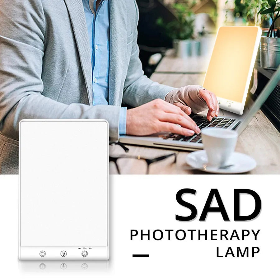 White bionic solar emotional light therapy lamp with touch controls and USB connectivity