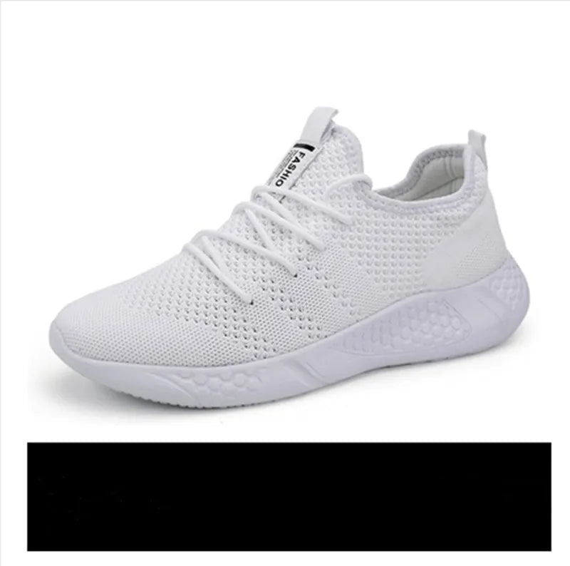 Men's black and white mesh casual jogging shoes with PVC sole and lace-up front