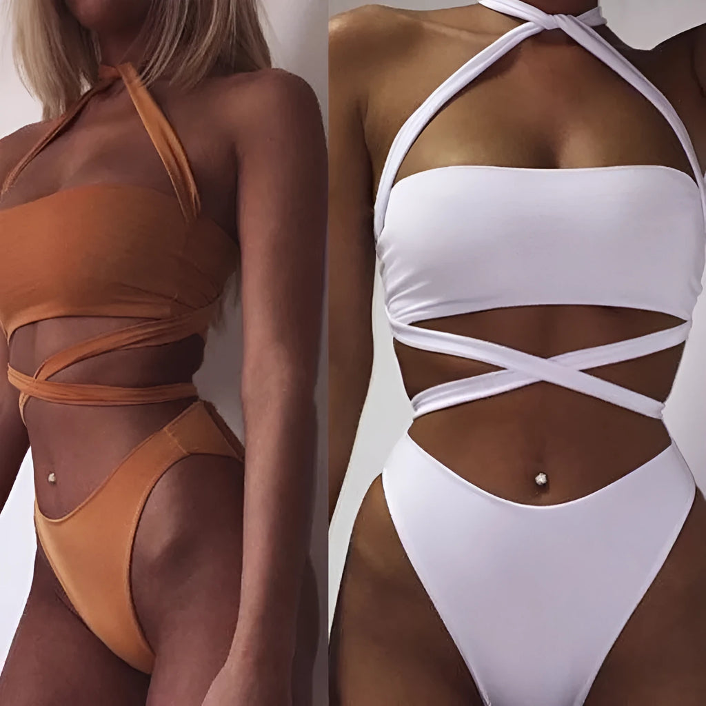 Women's cotton blend two-piece open-back swimsuit in solid colour, quick drying, available in white orange army green sizes S to XL