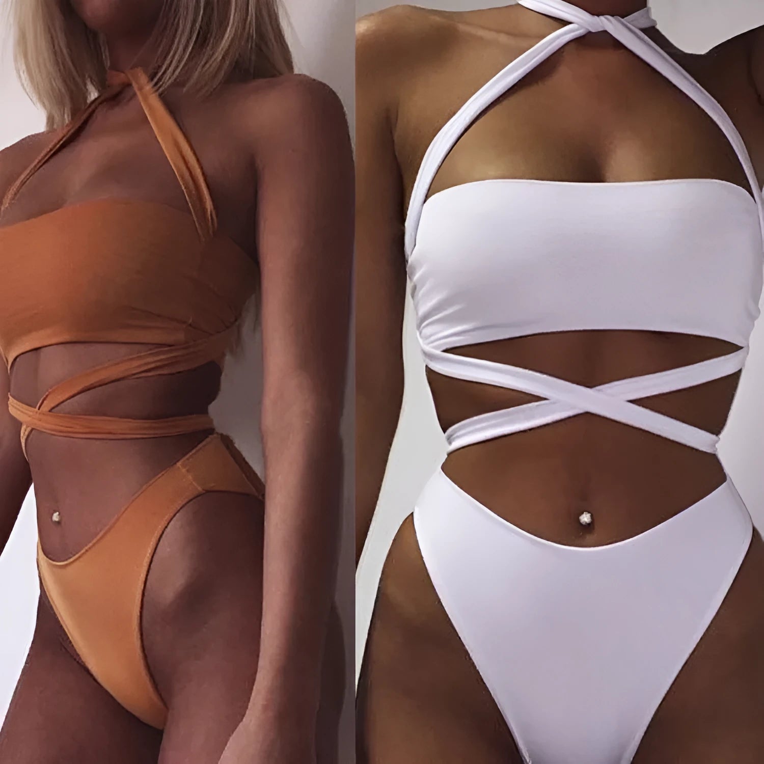 Women's cotton blend two-piece open-back swimsuit in solid colour, quick drying, available in white orange army green sizes S to XL