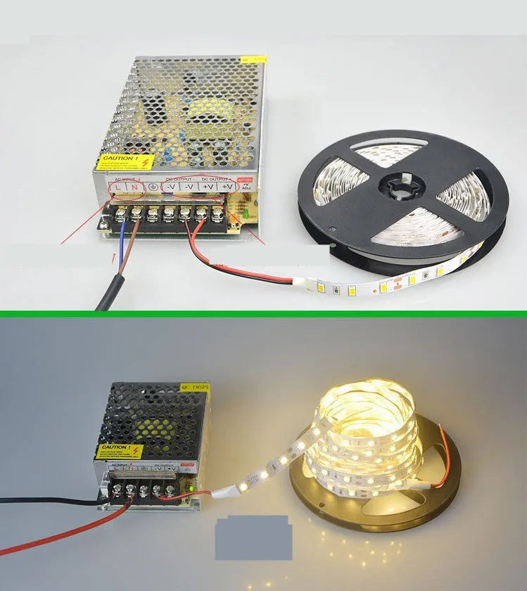 2835 and 5050 white LED strip light on a reel, showing close-up of rectangular patch-style LEDs.
