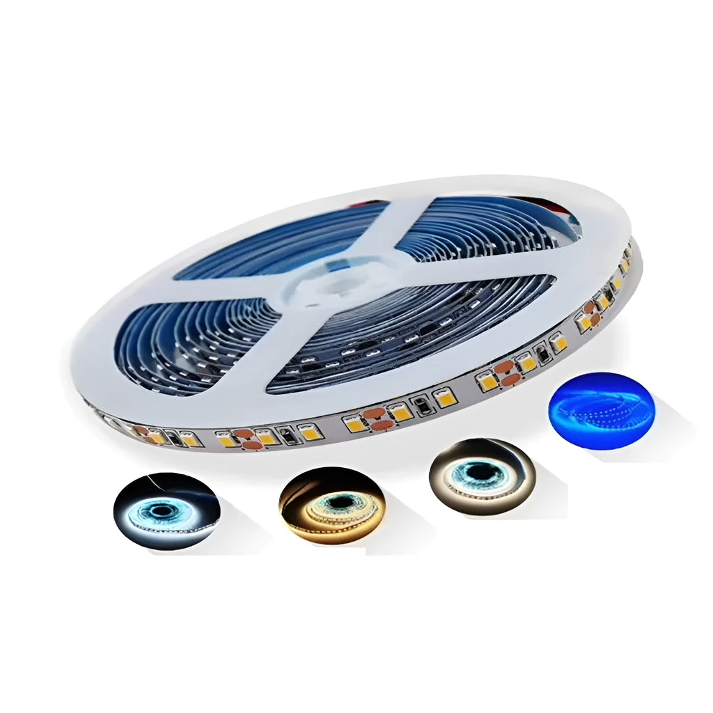 2835 and 5050 white LED strip light on a reel, showing close-up of rectangular patch-style LEDs.