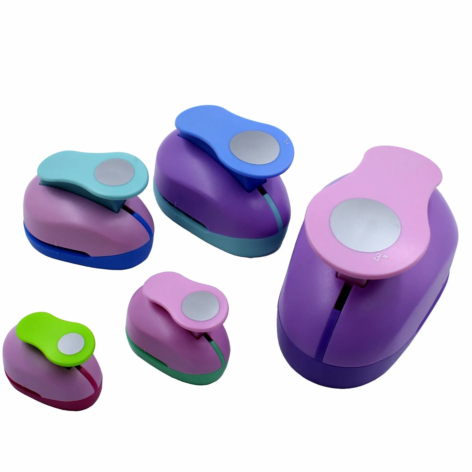Colourful round children's puzzle embossing machine with six disc sizes on a card.