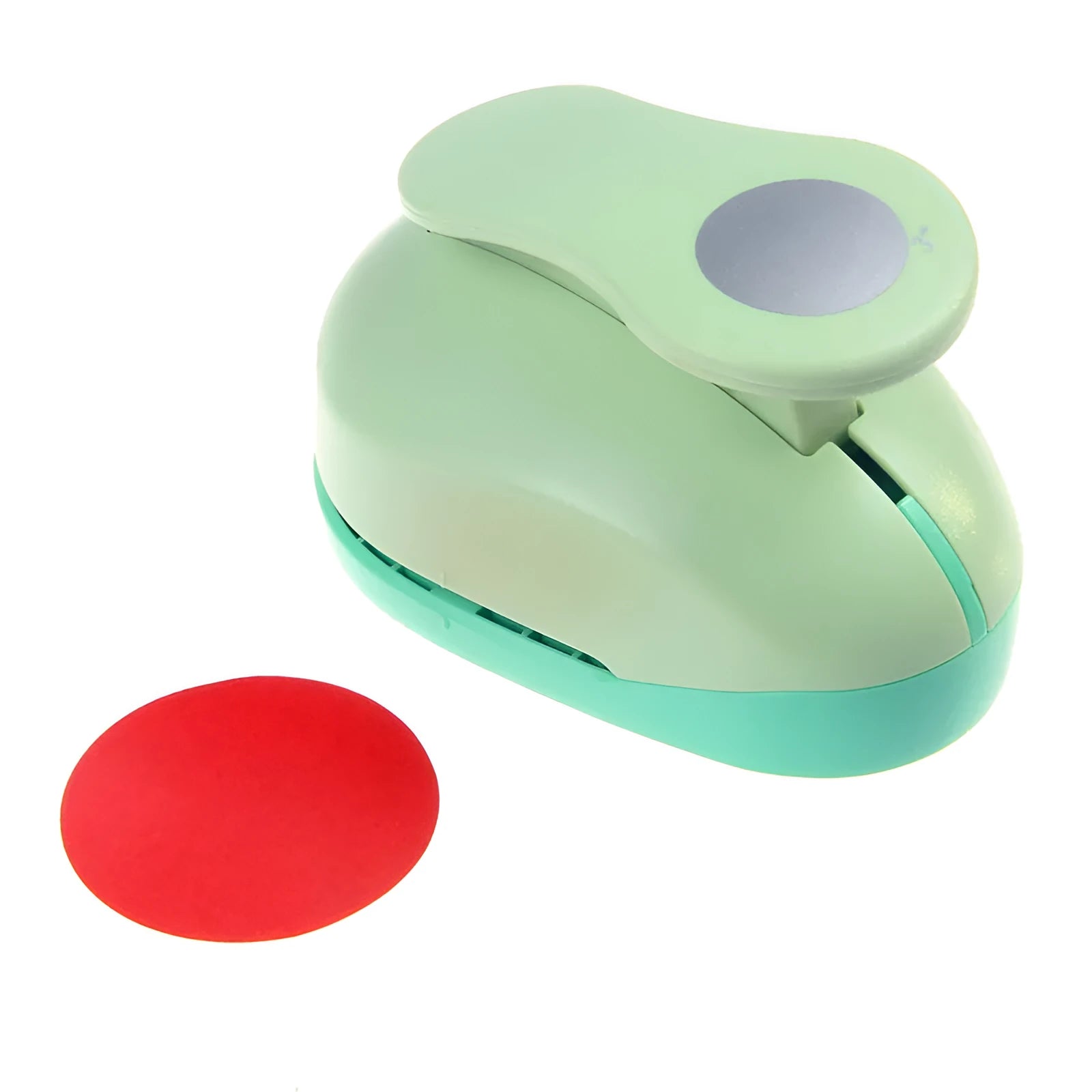 Colourful round children's puzzle embossing machine with six disc sizes on a card.