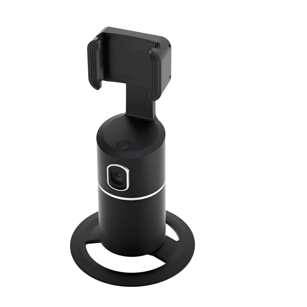 Black smartphone gimbal stabiliser with clip mount on a phone, showing 360-degree rotation.