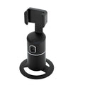 Black smartphone gimbal stabiliser with clip mount on a phone, showing 360-degree rotation.