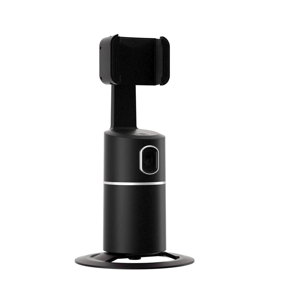 Black smartphone gimbal stabiliser with clip mount on a phone, showing 360-degree rotation.