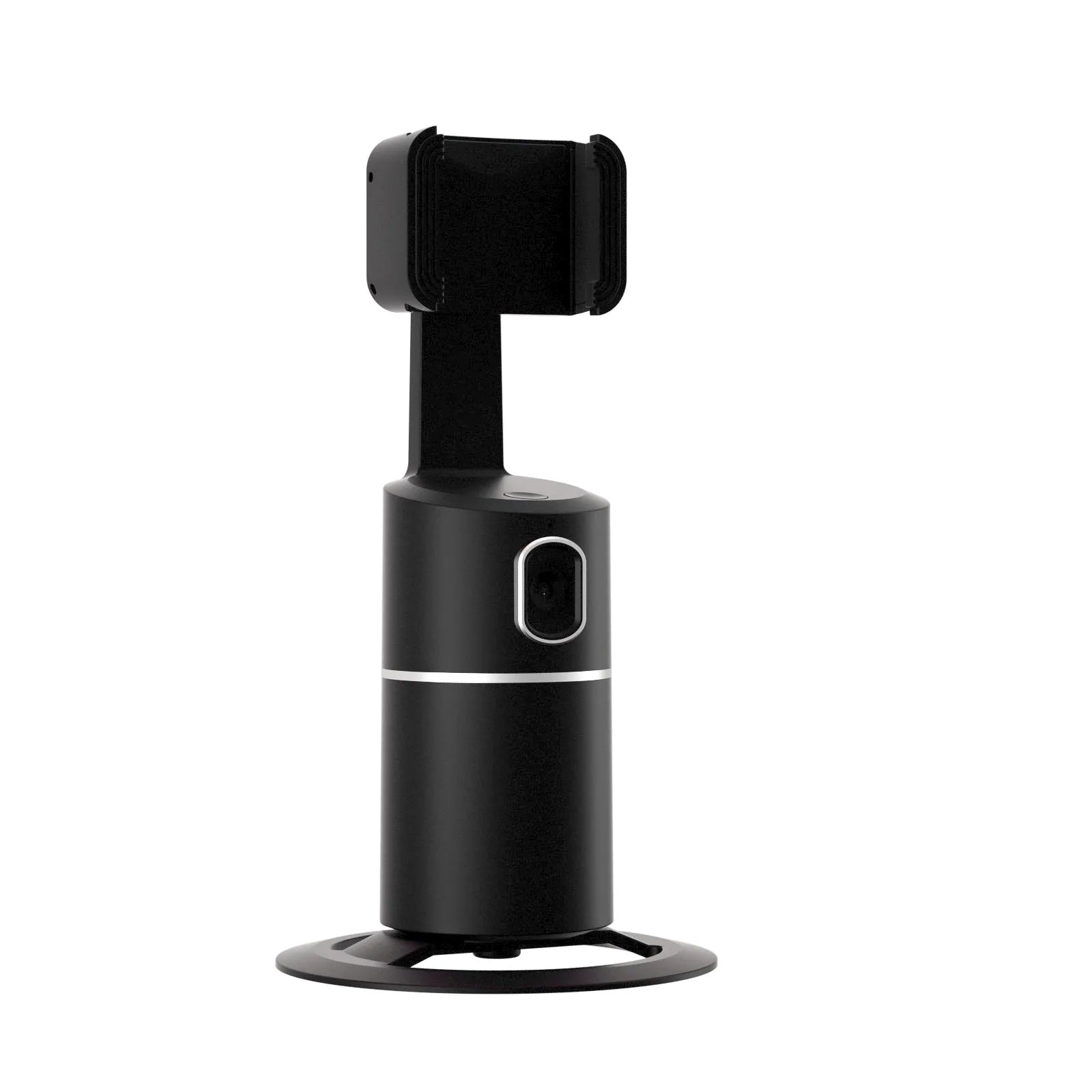 Black smartphone gimbal stabiliser with clip mount on a phone, showing 360-degree rotation.