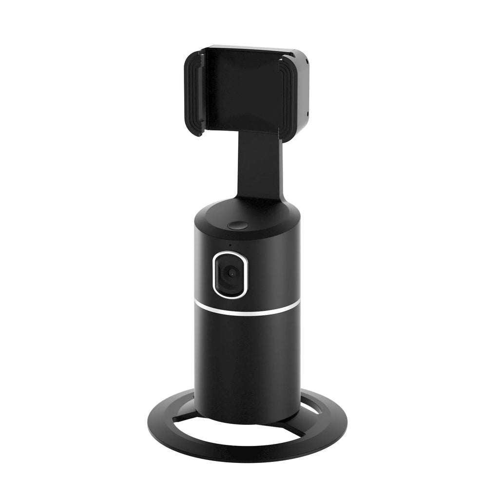 Black smartphone gimbal stabiliser with clip mount on a phone, showing 360-degree rotation.