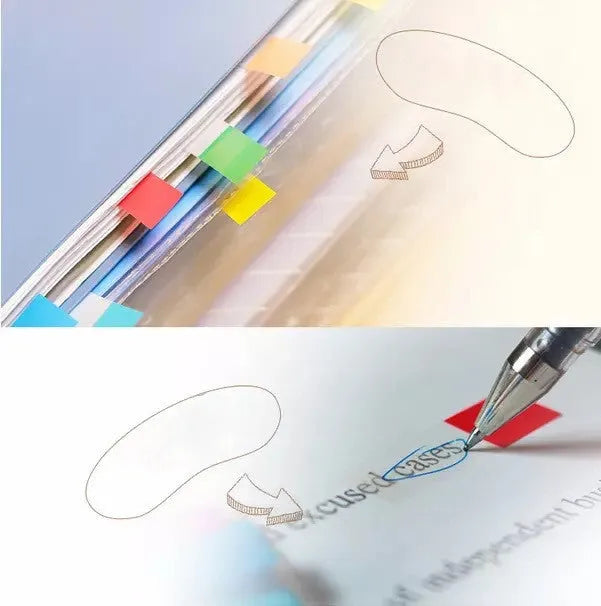 Pack of removable mixed colour plastic indicator labels showing 9.4mm width and 44mm length dimensions.