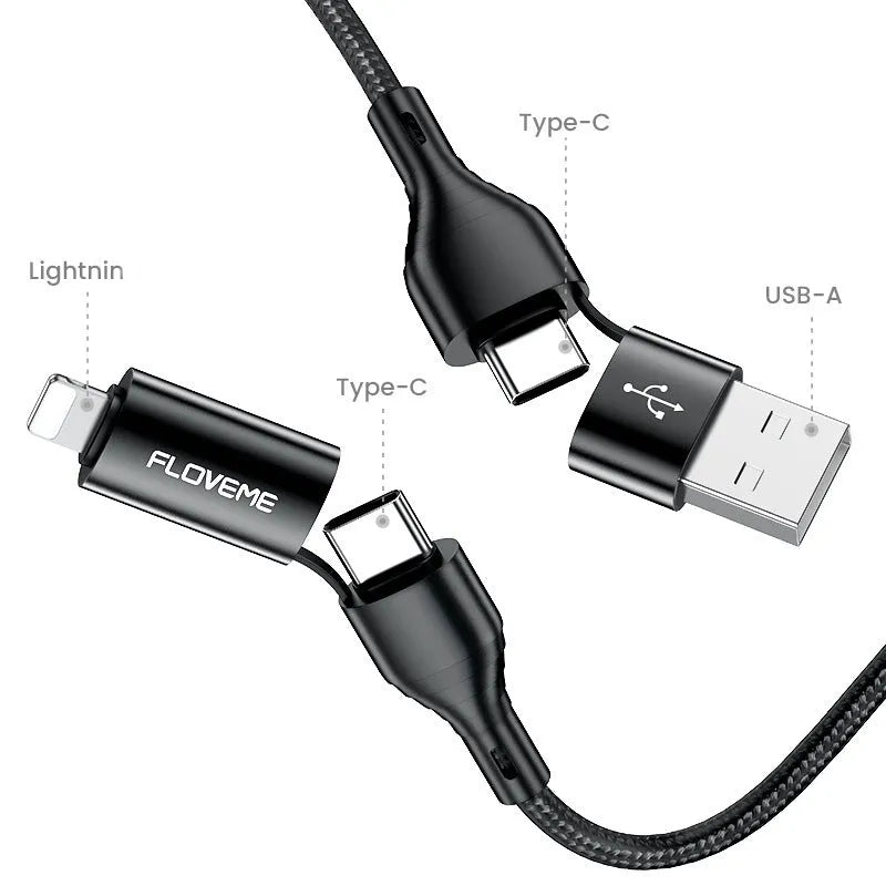 Black braided 4-in-1 data cable with USB, USB-C and Lightning connectors for mobile device charging