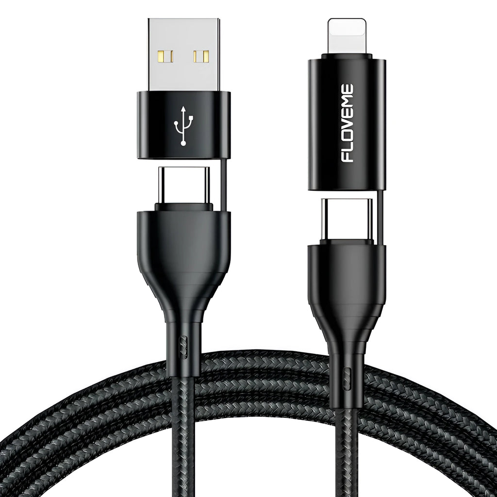 Black braided 4-in-1 data cable with USB, USB-C and Lightning connectors for mobile device charging