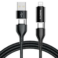Black braided 4-in-1 data cable with USB, USB-C and Lightning connectors for mobile device charging