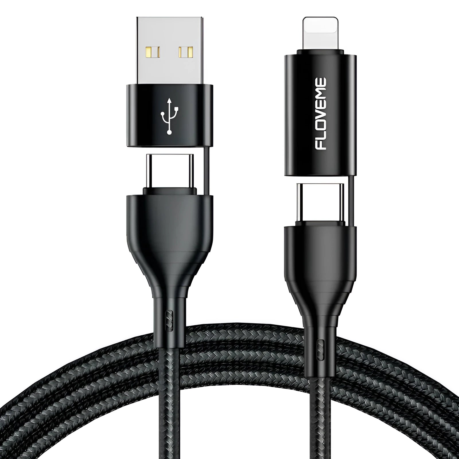 Black braided 4-in-1 data cable with USB, USB-C and Lightning connectors for mobile device charging