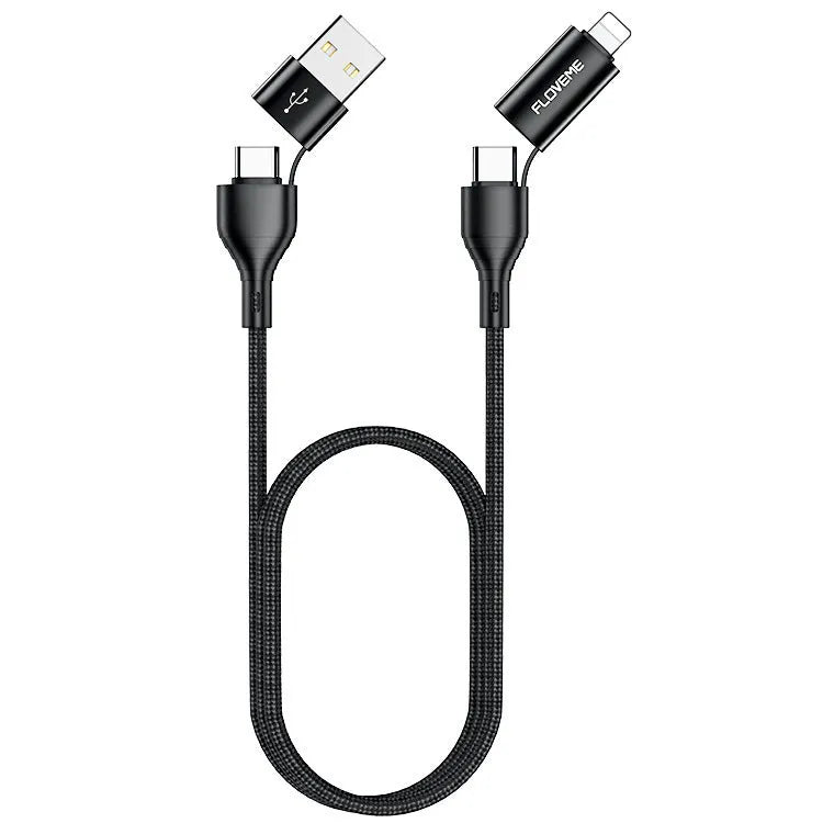 Black braided 4-in-1 data cable with USB, USB-C and Lightning connectors for mobile device charging