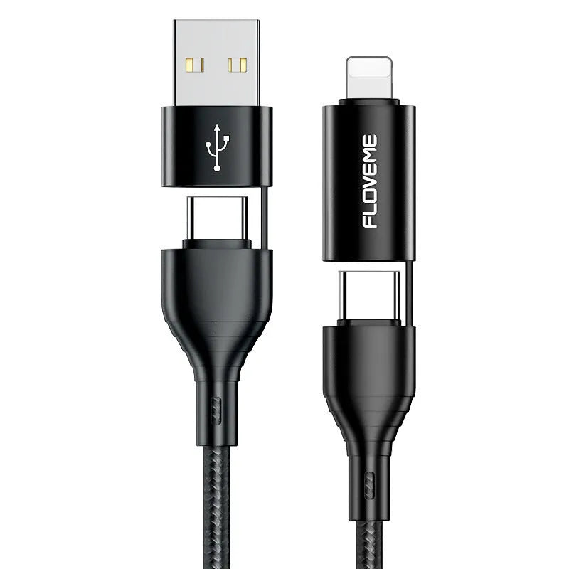 Black braided 4-in-1 data cable with USB, USB-C and Lightning connectors for mobile device charging