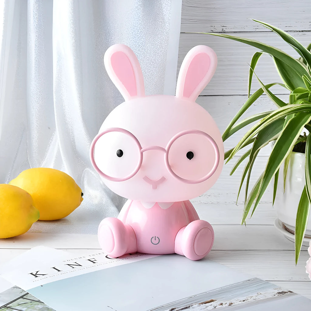 Cartoon rabbit night light with glasses, USB-powered LED decorative lamp in blue, green, or pink colours