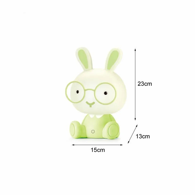 Cartoon rabbit night light with glasses, USB-powered LED decorative lamp in blue, green, or pink colours