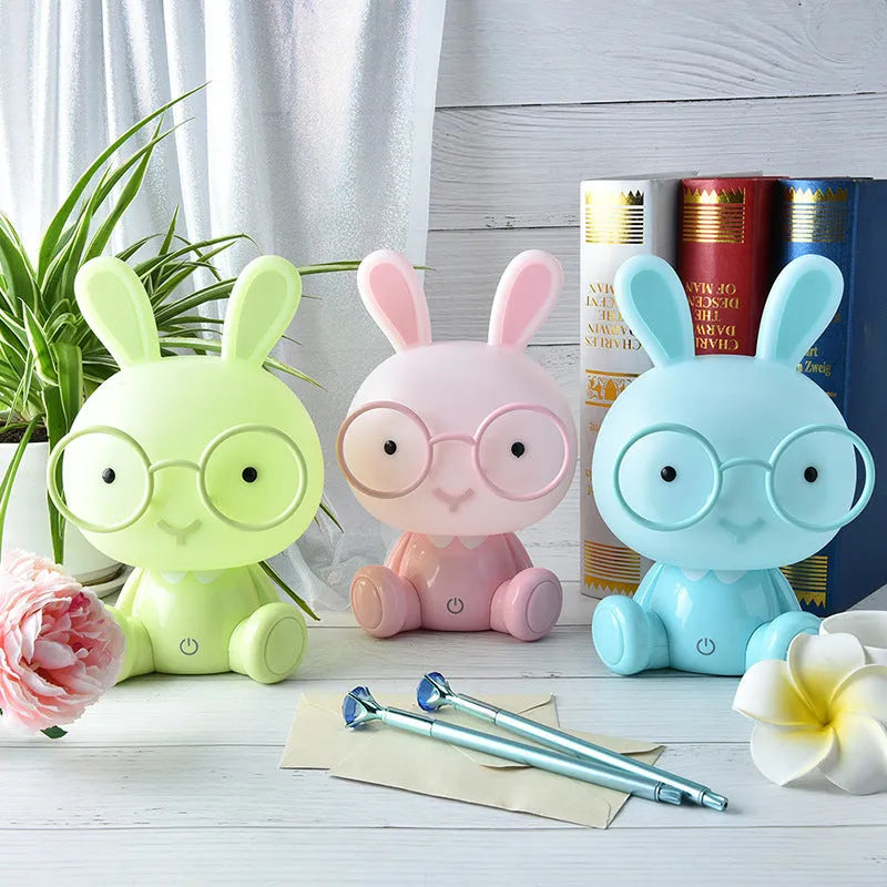 Cartoon rabbit night light with glasses, USB-powered LED decorative lamp in blue, green, or pink colours