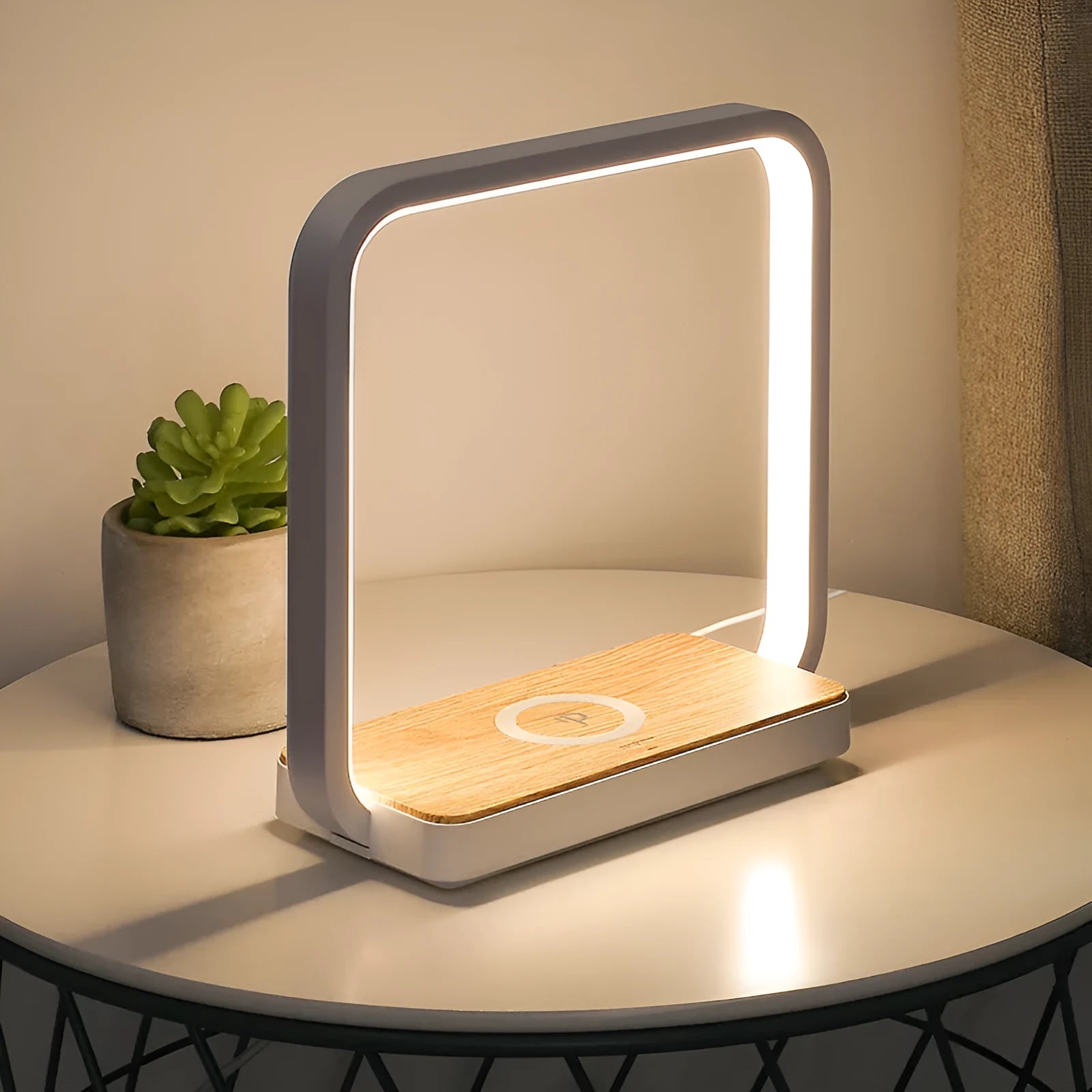 Modern white or gold aluminium smart bedside lamp with touch sensor and voice control.