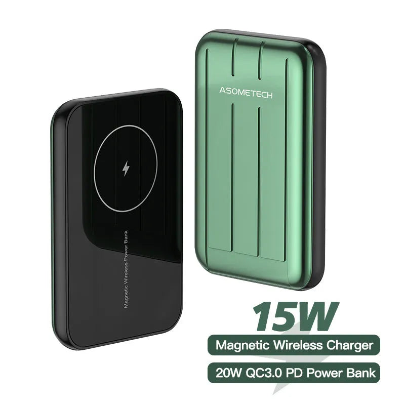 Magnetic wireless charging power bank 5000mAh for iPhone 12 in blue, grey, light green colours