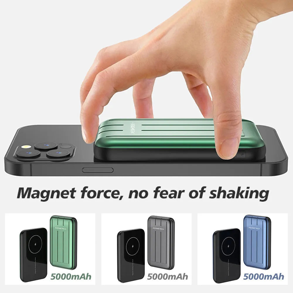 Magnetic wireless charging power bank 5000mAh for iPhone 12 in blue, grey, light green colours