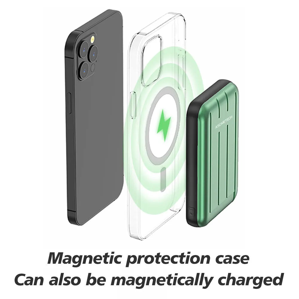Magnetic wireless charging power bank 5000mAh for iPhone 12 in blue, grey, light green colours