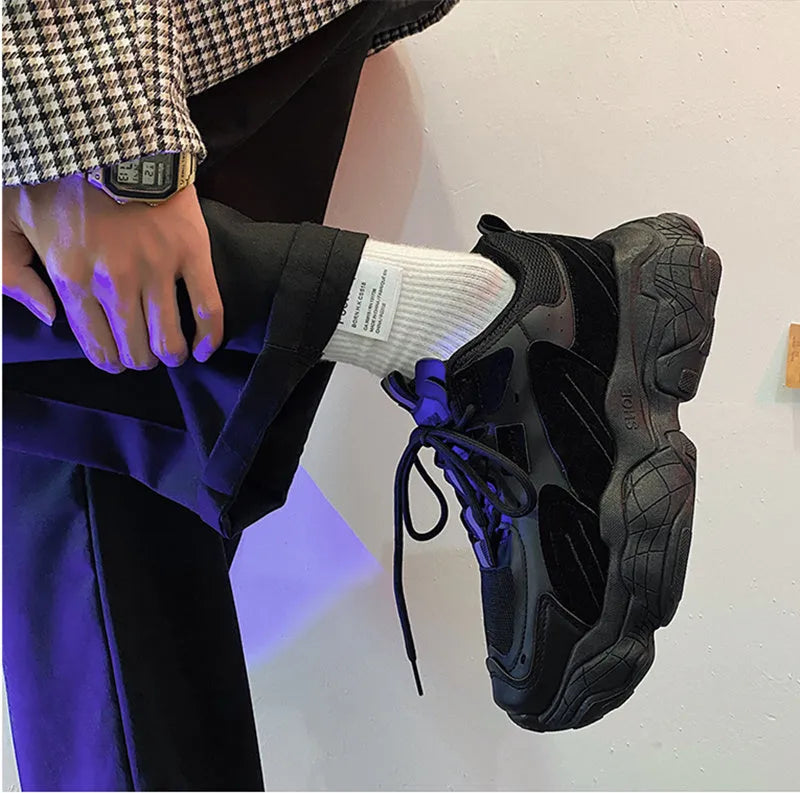 Fashion vulcanized chunky sneakers men women, black, PU mesh upper, rubber sole, lace-up casual shoes