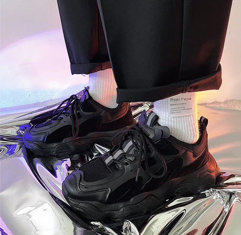 Fashion vulcanized chunky sneakers men women, black, PU mesh upper, rubber sole, lace-up casual shoes