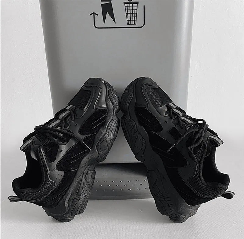 Fashion vulcanized chunky sneakers men women, black, PU mesh upper, rubber sole, lace-up casual shoes
