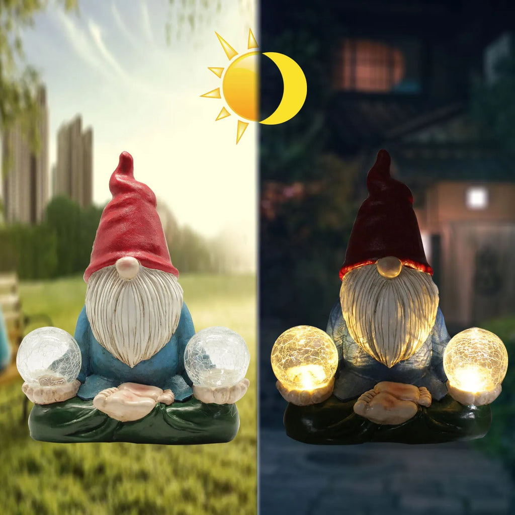 Solar LED resin dwarf doll garden ornament with faceless old man design measuring 27x20cm