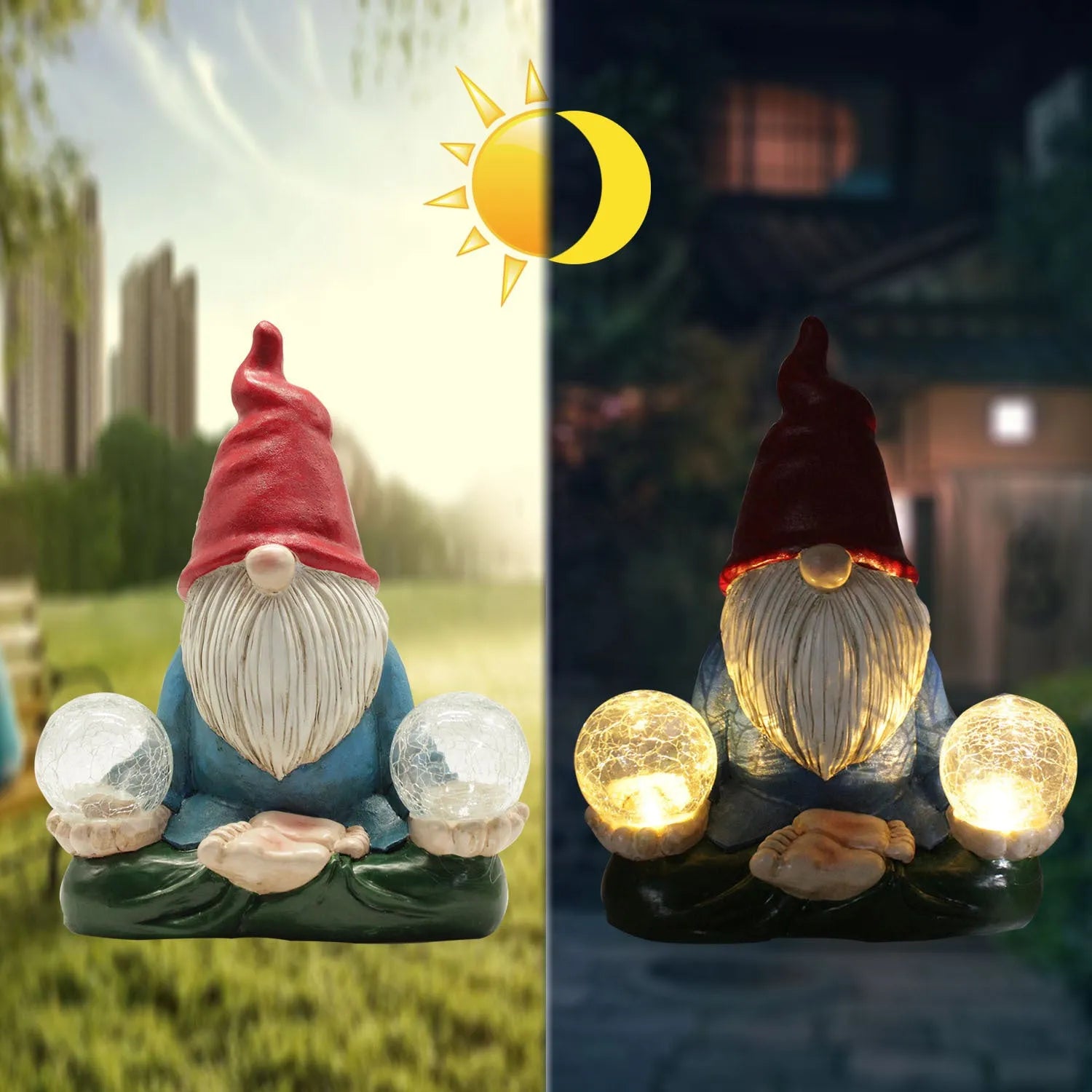Solar LED resin dwarf doll garden ornament with faceless old man design measuring 27x20cm