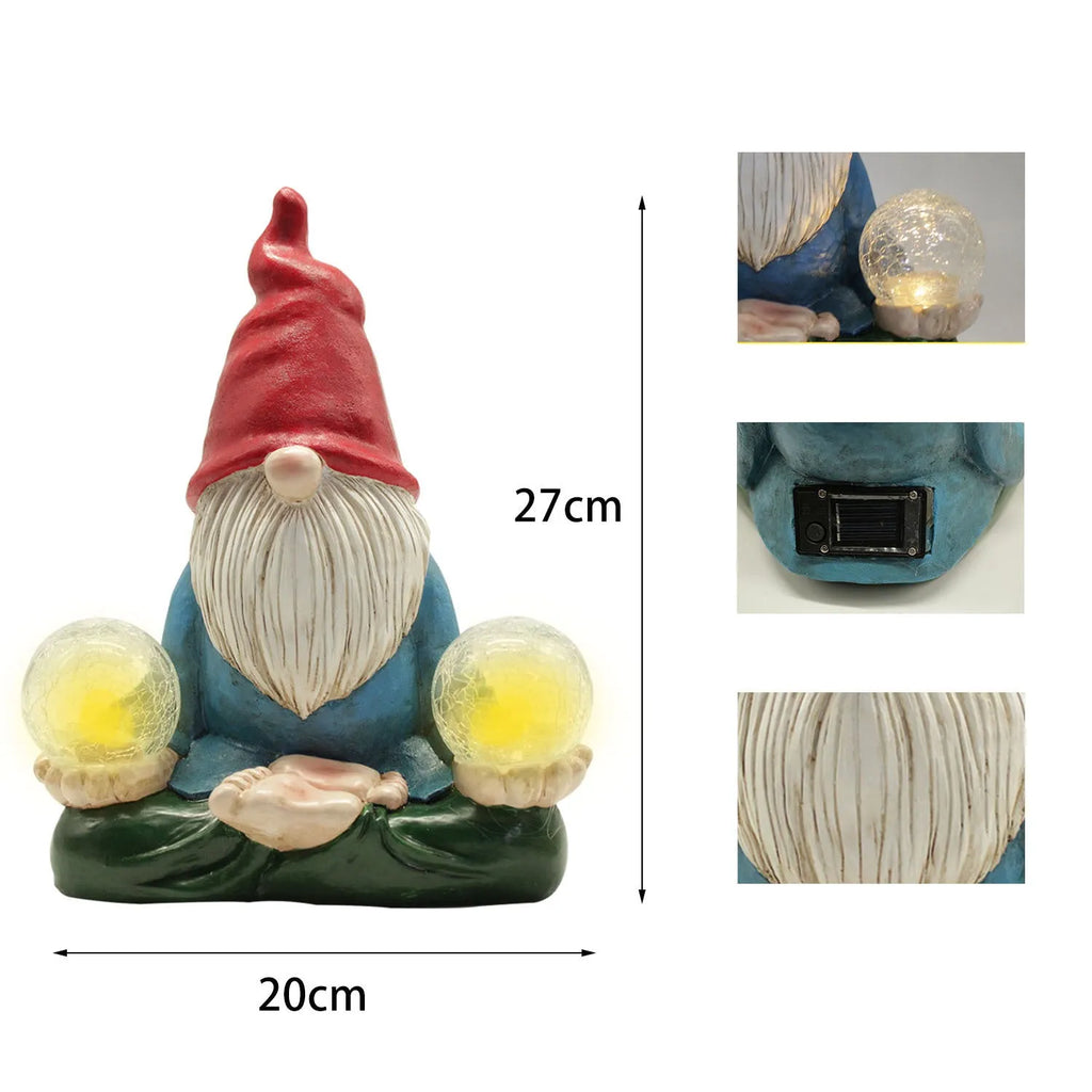 Solar LED resin dwarf doll garden ornament with faceless old man design measuring 27x20cm