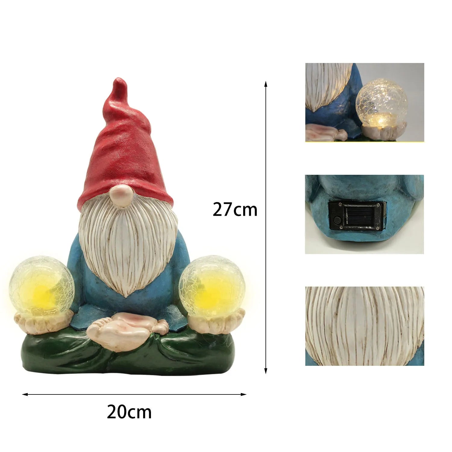 Solar LED resin dwarf doll garden ornament with faceless old man design measuring 27x20cm