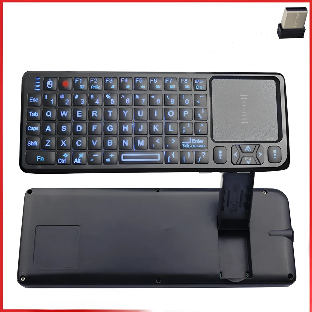 Black wireless mini keyboard with touch screen and matching laser mouse on a white background.